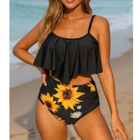 2 piece bikini high waisted bottom ruffle top sunflower bottom SZ M modest swim - Picture 1 of 7